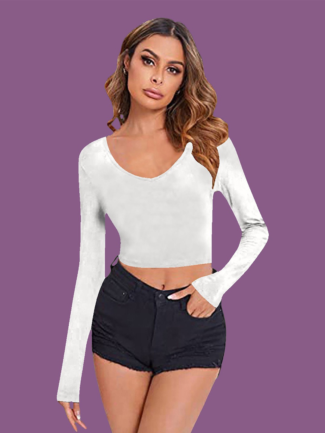 

Dream Beauty Fashion Women Scoop Neck Long Sleeve Crop Fitted Top, White