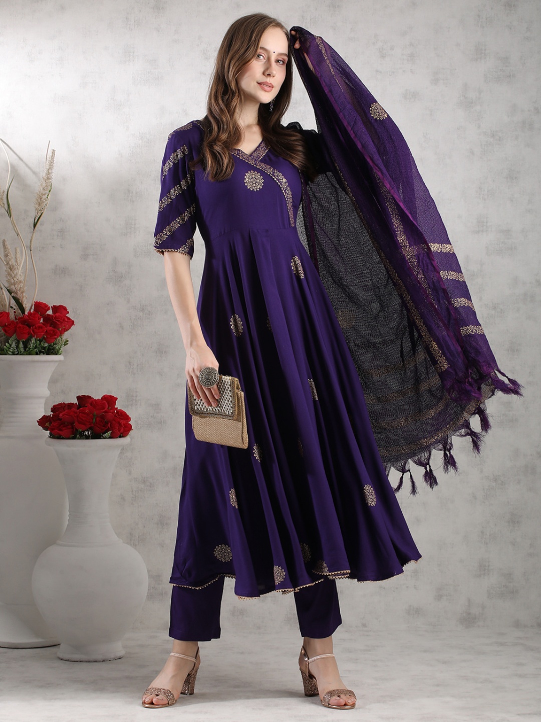 

DIVASTRI Floral Printed V-Neck Anarkali Kurta With Trousers And Dupatta, Purple