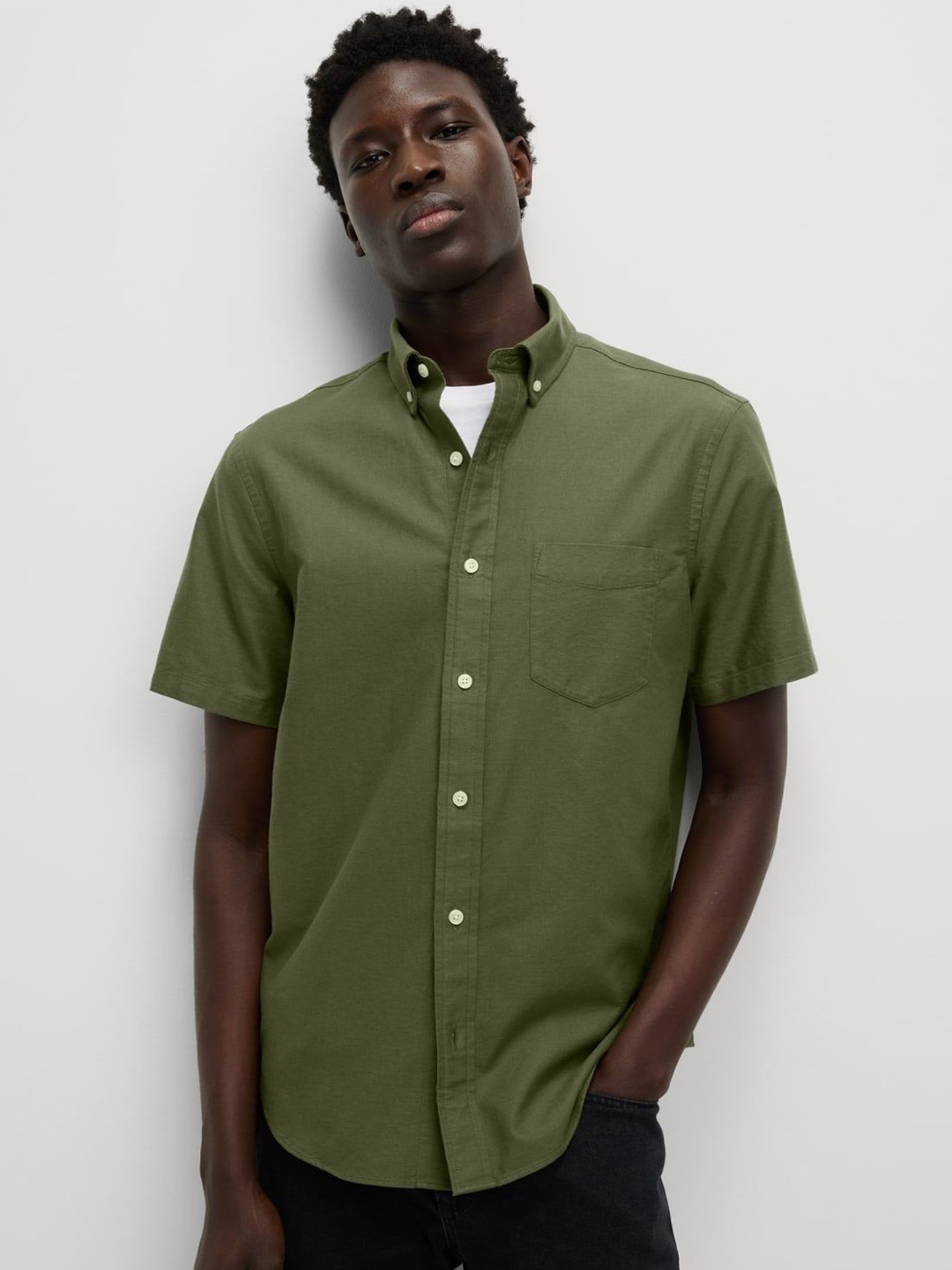 

Marks & Spencer Men Button-Down Collar Solid Cotton Casual Shirt, Green