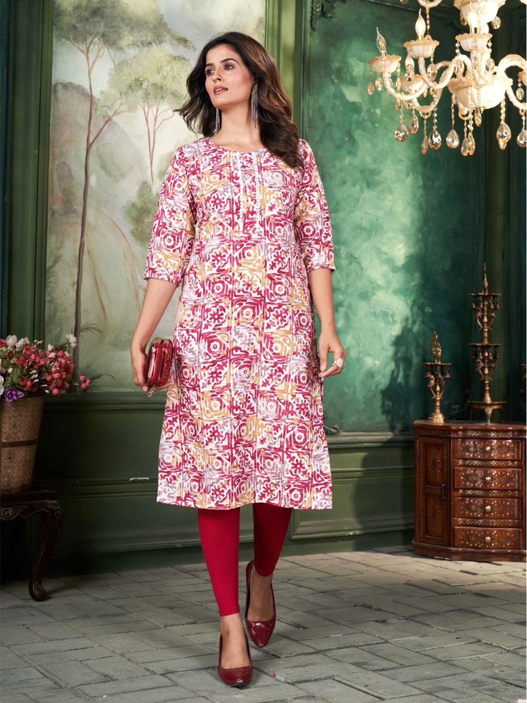 

BAESD Printed Round Neck Geometric Printed Kurta, Pink