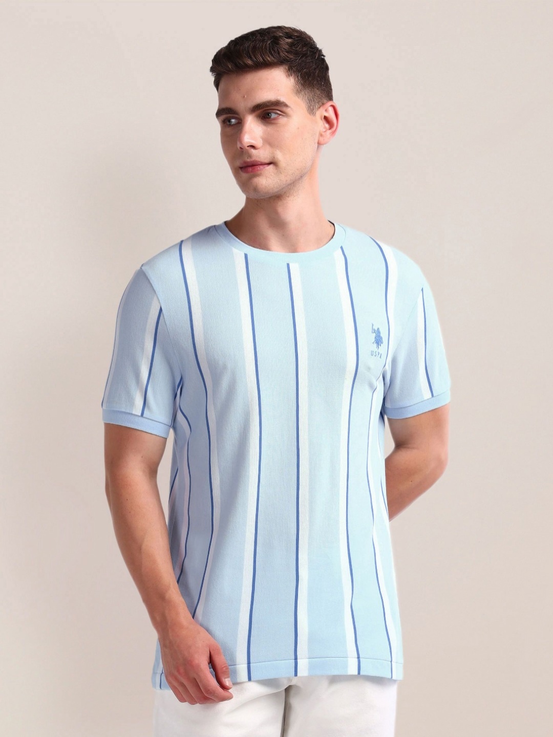 

U.S. Polo Assn. Men Striped Round Neck Cotton T-shirt, Blue