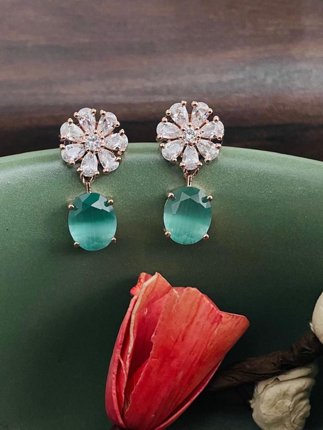 

MONI LIFESTYLE Gold-Plated Artificial Stones Studded Floral Shaped Drop Earrings, Rose gold