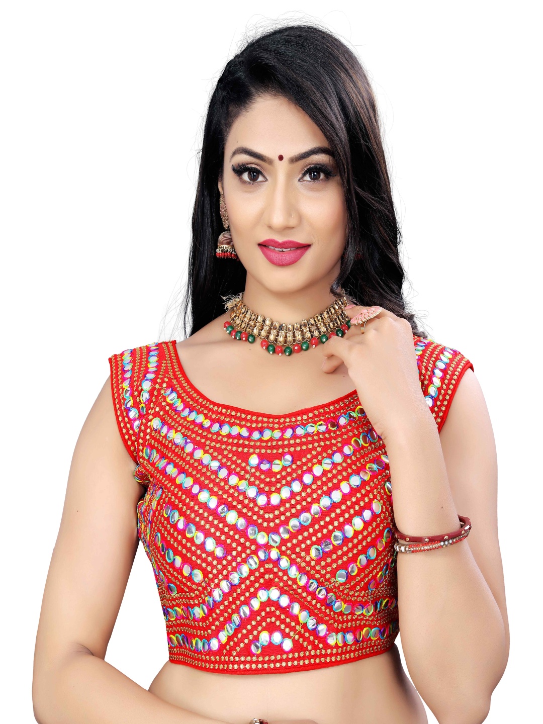 

HERE&NOW Embellished Padded Saree Blouse, Red