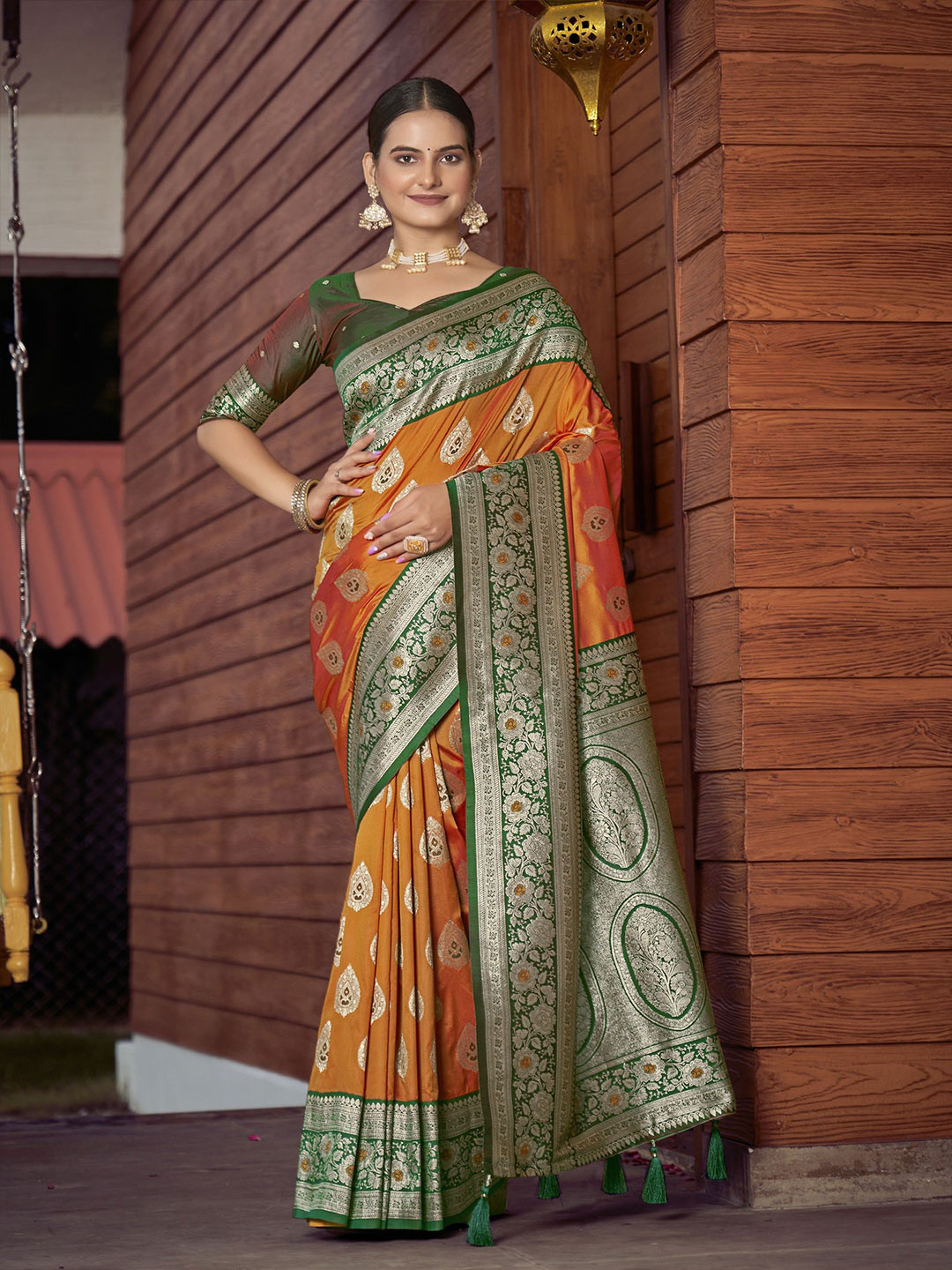 

SAREETHNIC Woven Design Zari Pure Silk Banarasi Saree, Mustard