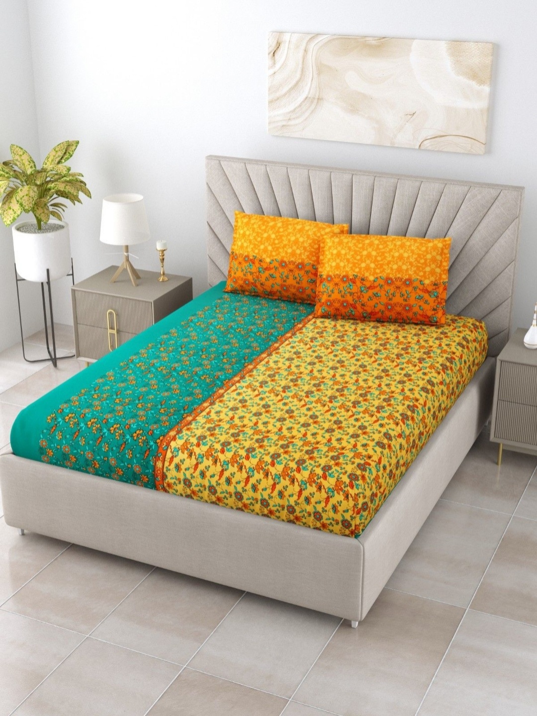 

Aura Gulmohar Yellow Floral Printed 120 TC Cotton Queen Size Bedsheet Set 2.28 m x 2.54 m