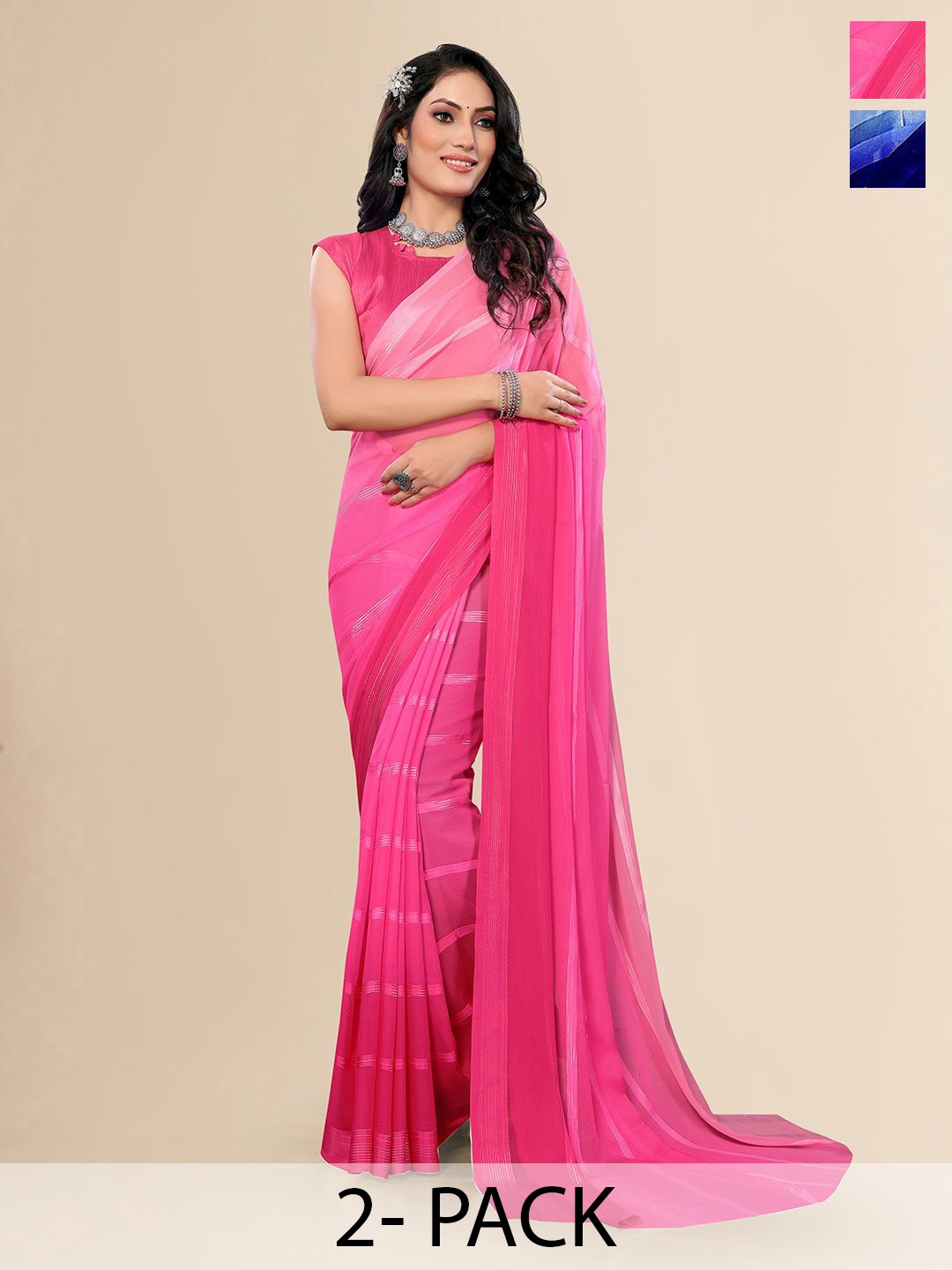 

Moda Rapido Set of 2 Striped Satin Sarees, Pink