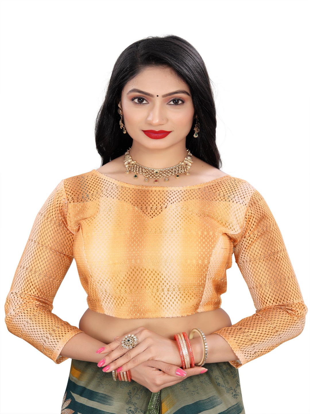 

HERE&NOW Woven Design Round Neck Saree Blouse, Yellow