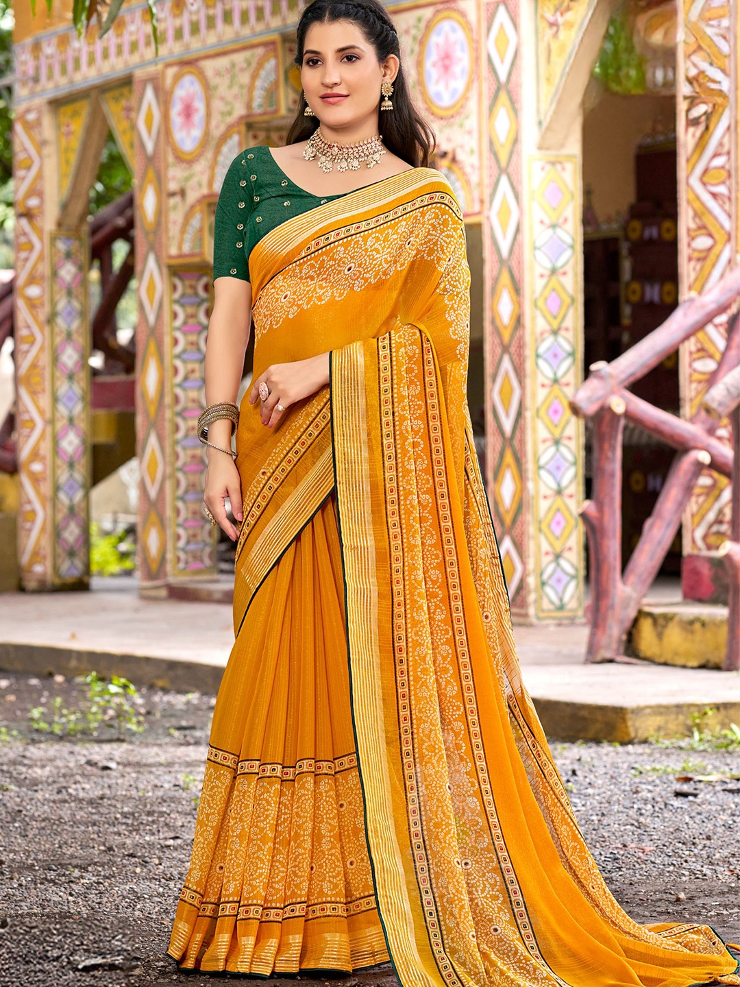 

VIRENDRA TEXTILES Bandhani Zari Pure Georgette Saree, Mustard