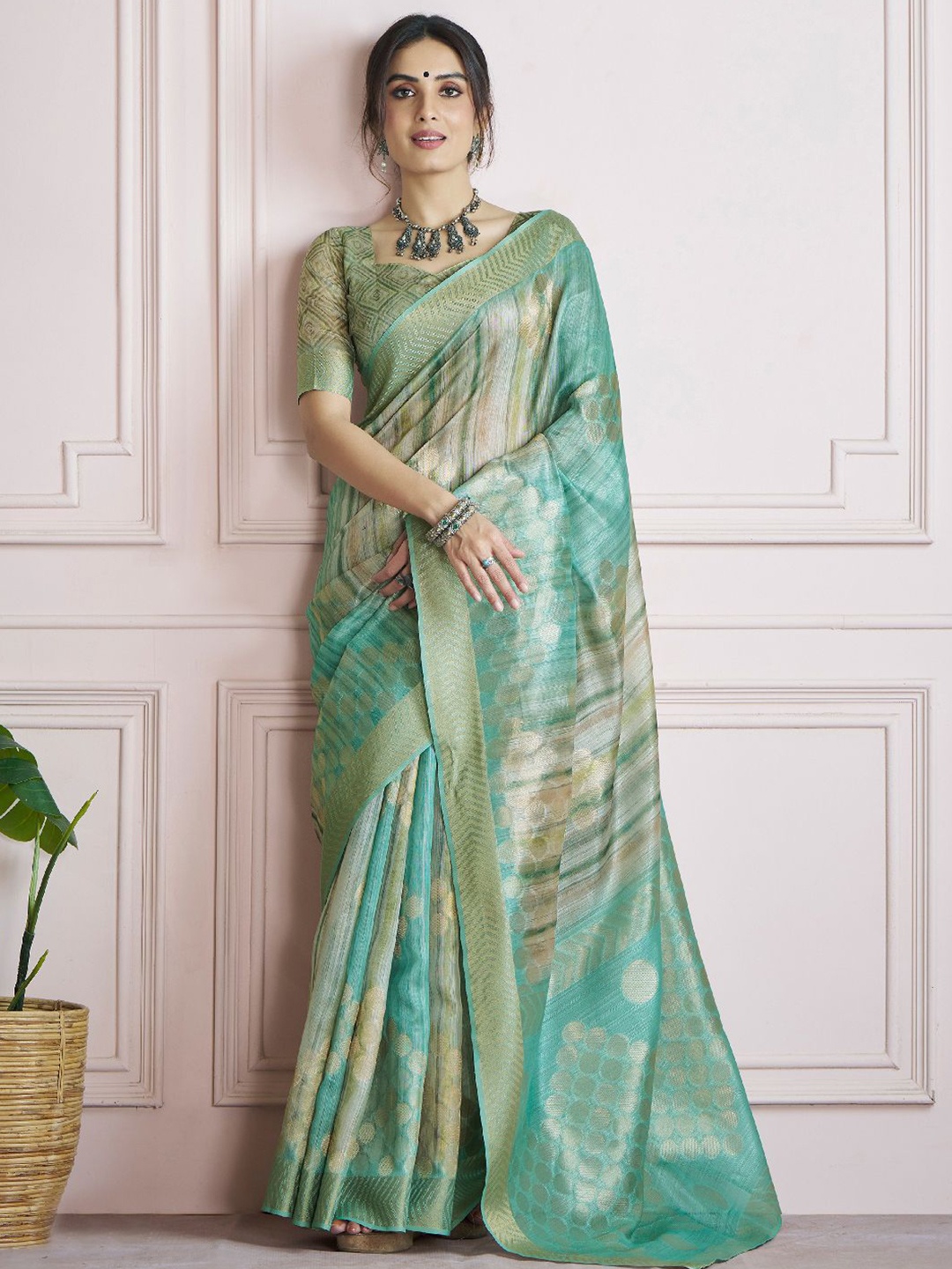 

LeeliPeeri Designer Polka Dot Zari Silk Blend Khadi Saree, Green