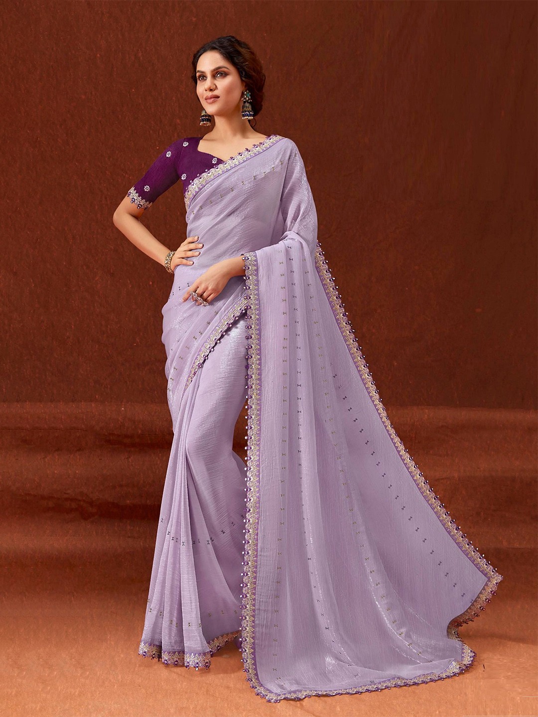 

MAHALASA Embellished Zari Pure Chiffon Saree, Purple