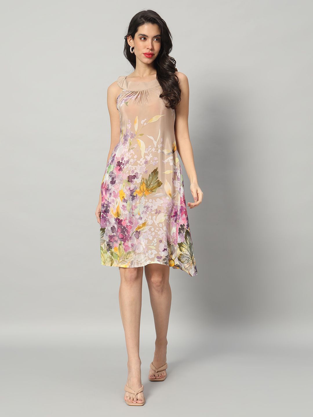 

BRIJAL LAD Women Floral Printed Crepe A-Line Dress, Cream