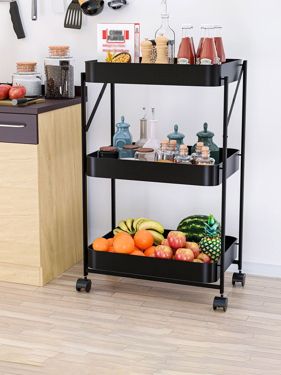 

Kuber Industries Black 3-Tier Foldable Metal Kitchen Storage Rack With Wheels