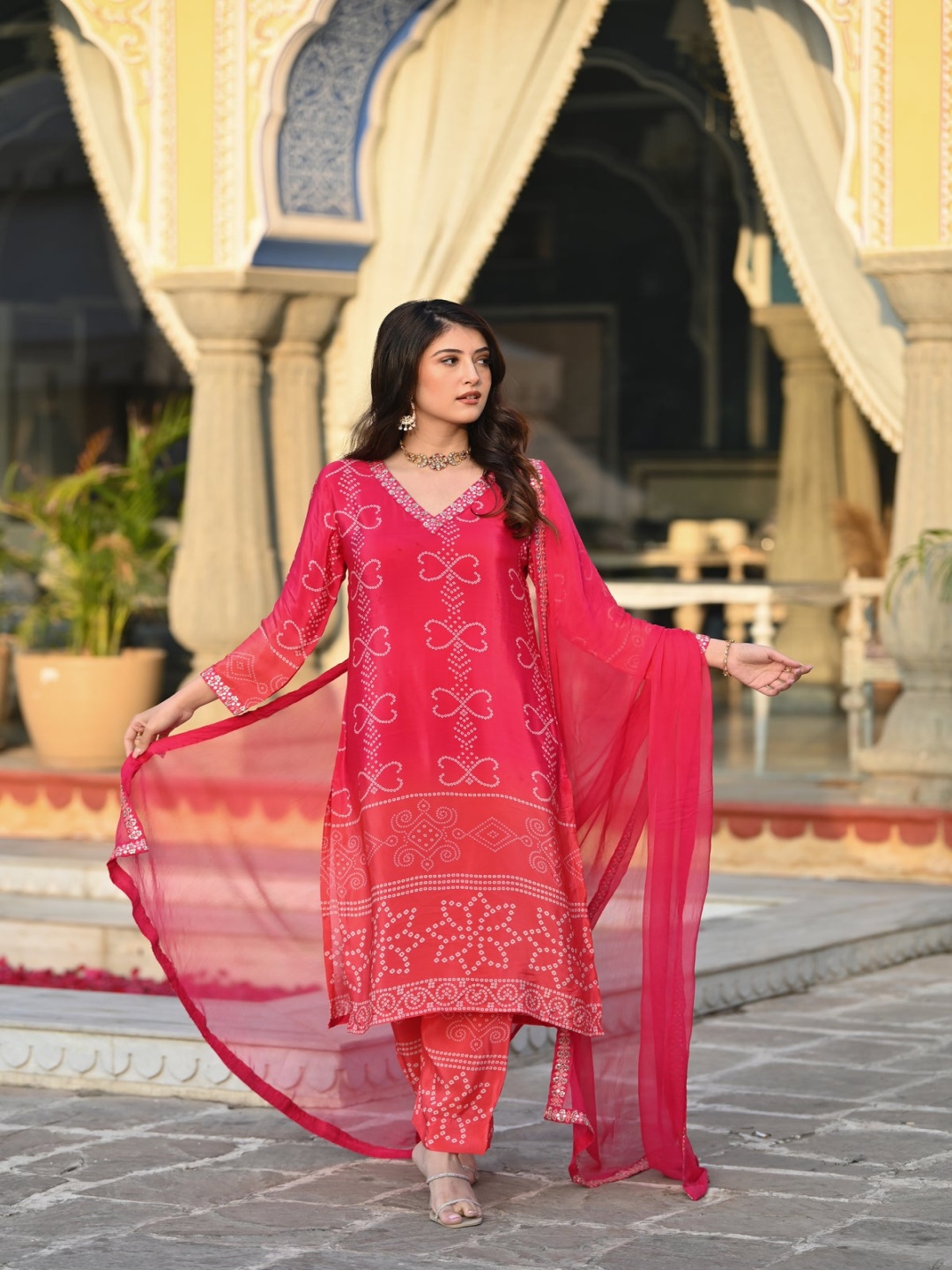 

Anouk Pink Bandhani Printed Mirror Work V-Neck Straight Kurta With Trousers & Dupatta