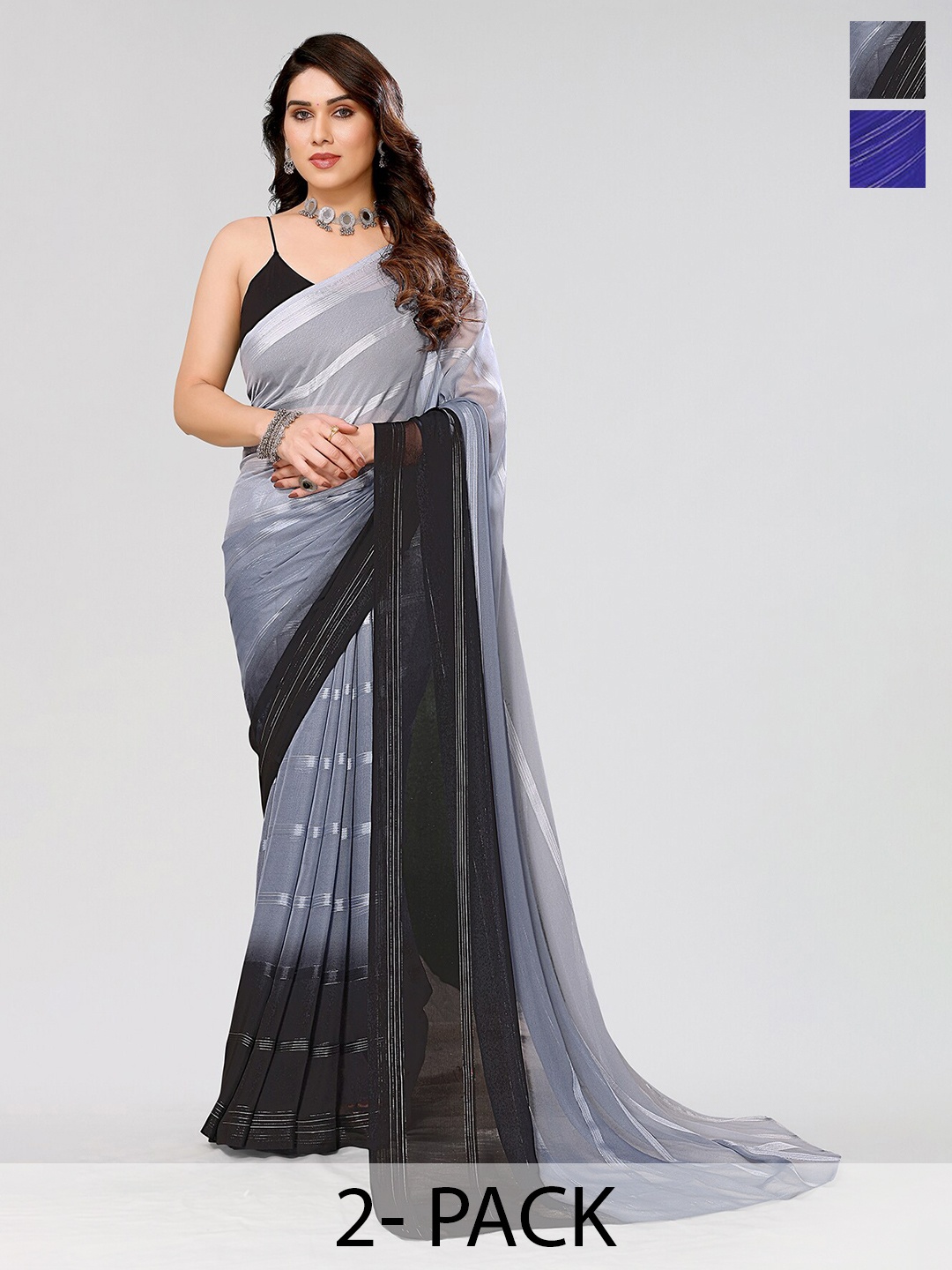 

Moda Rapido Set of 2 Striped Satin Sarees, Grey