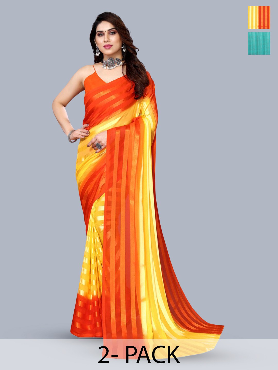 

Moda Rapido Set of 2 Striped Satin Sarees, Yellow