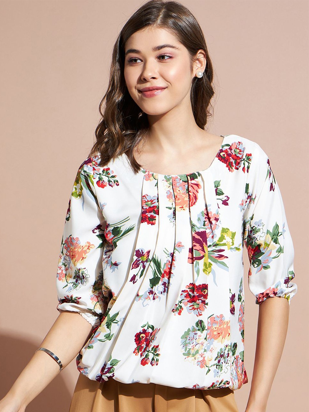

DressBerry Women Floral Printed Round Neck Top, White