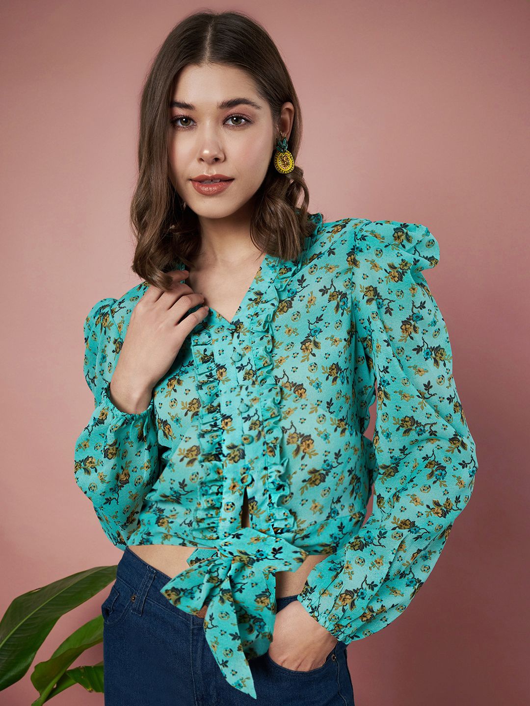 

Slenor Floral Print Puff Sleeve Georgette Cinched Waist Crop Top, Sea green