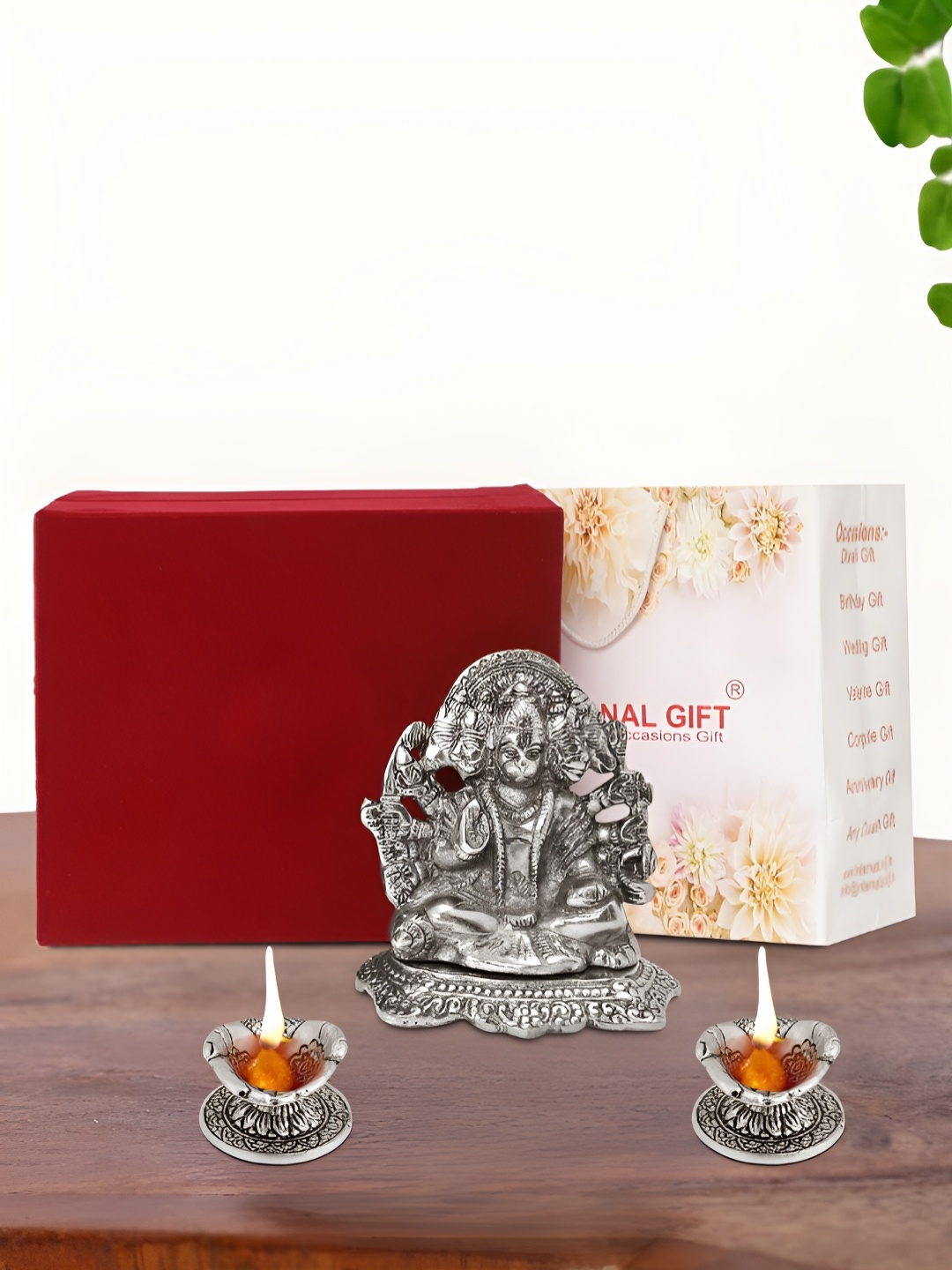 

INTERNATIONAL GIFT Silver Plated Panchmukhi Hanuman Idol with 2 Diya and Box