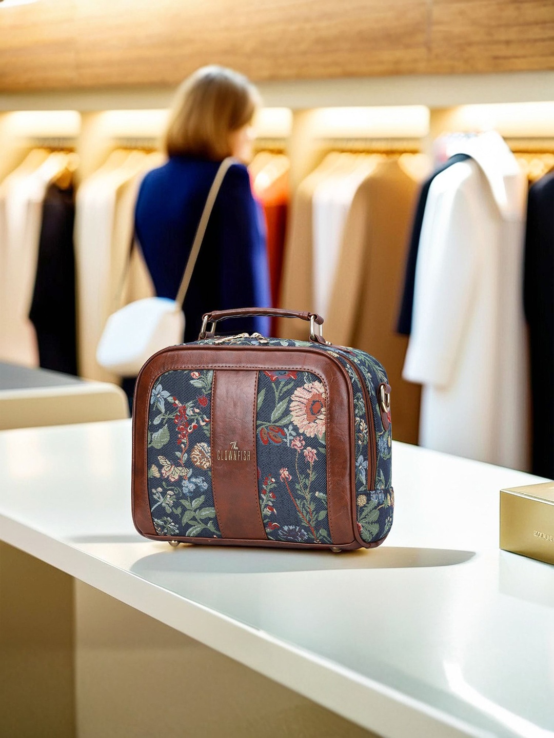 

THE CLOWNFISH Women Floral Printed Structured Handheld Bag, Navy blue