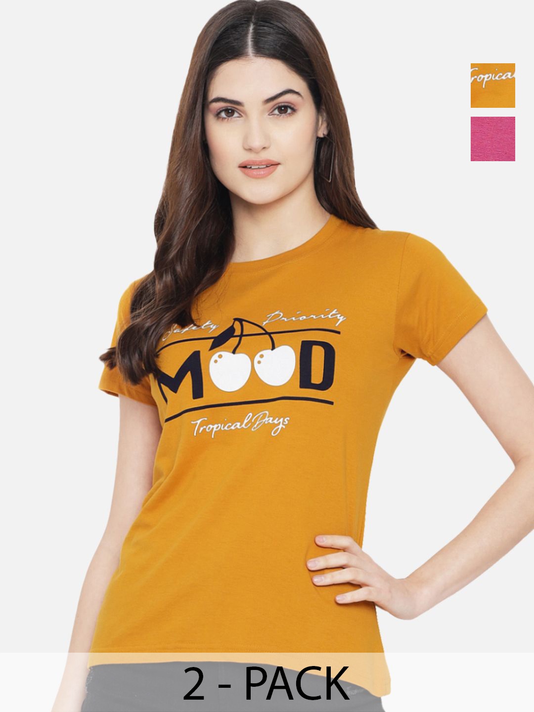 

Dreambe Women Pack Of 2 Typography Printed Round Neck Cotton T-shirts, Mustard