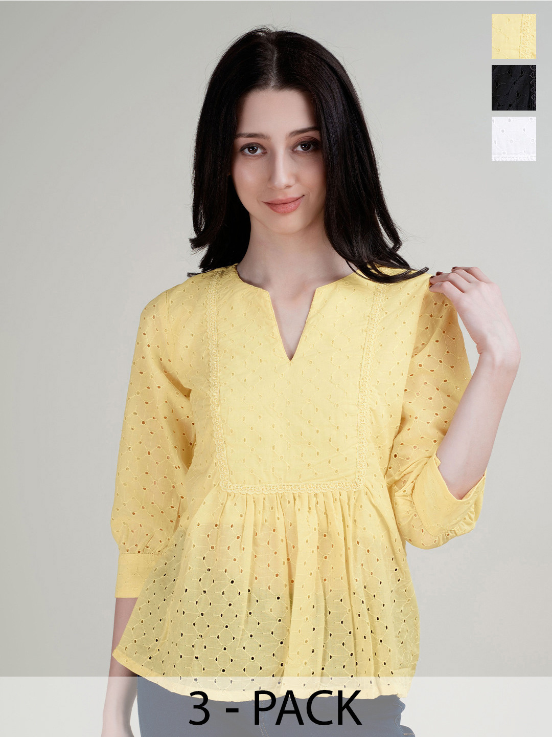 

HOUSE OF MIRA Women V Neck Cuffed Sleeves Cotton Top, Yellow