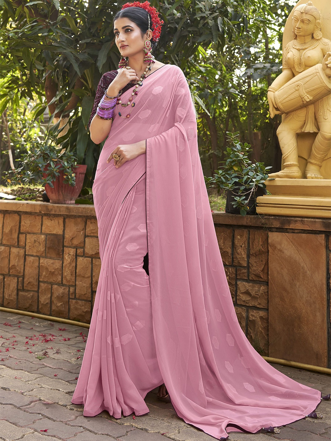 

VIRENDRA TEXTILES Pure Georgette Saree, Pink