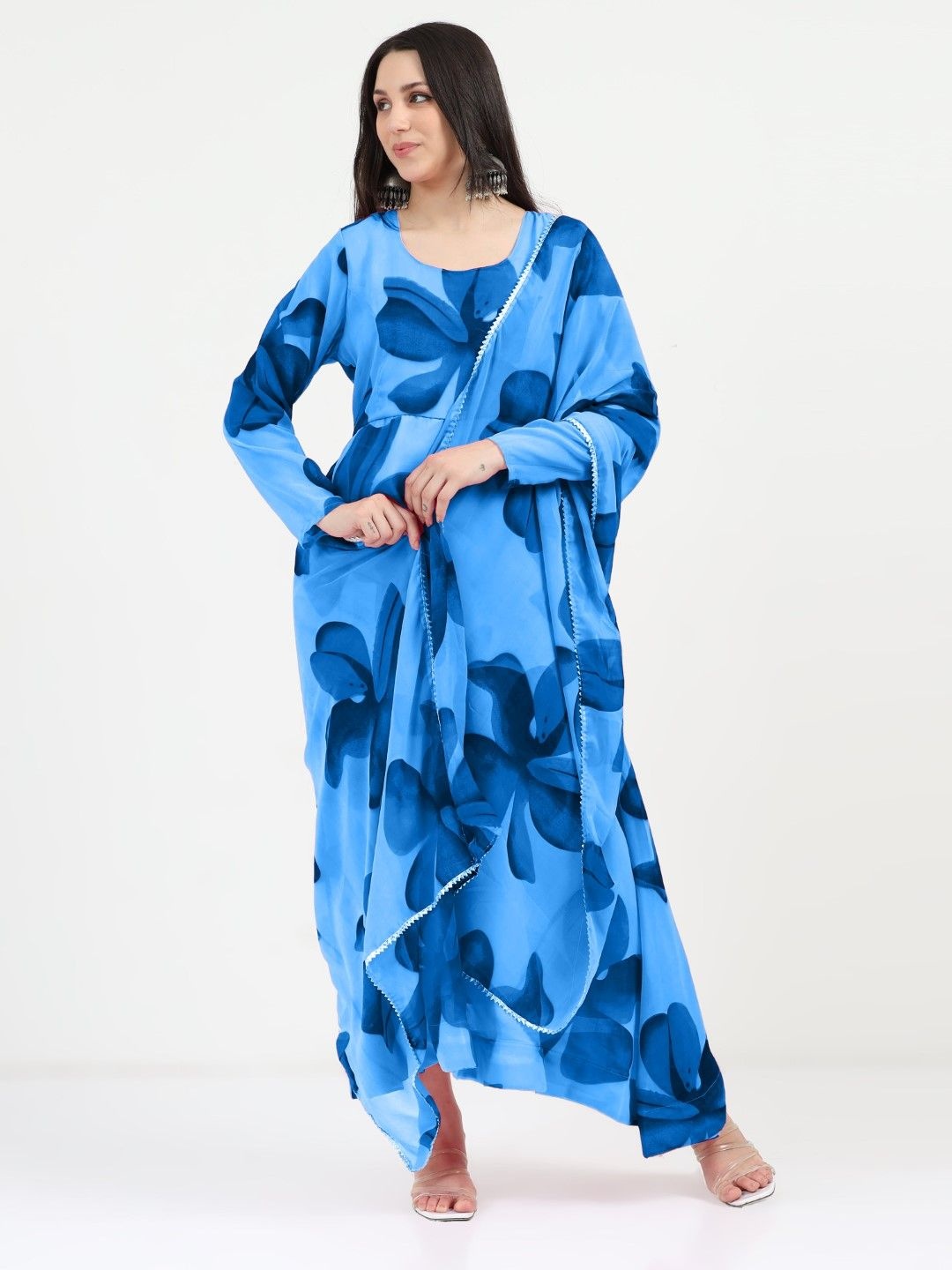 

Raiyani Enterprise Floral Print Crepe Fit & Flare Maxi Dress, Blue