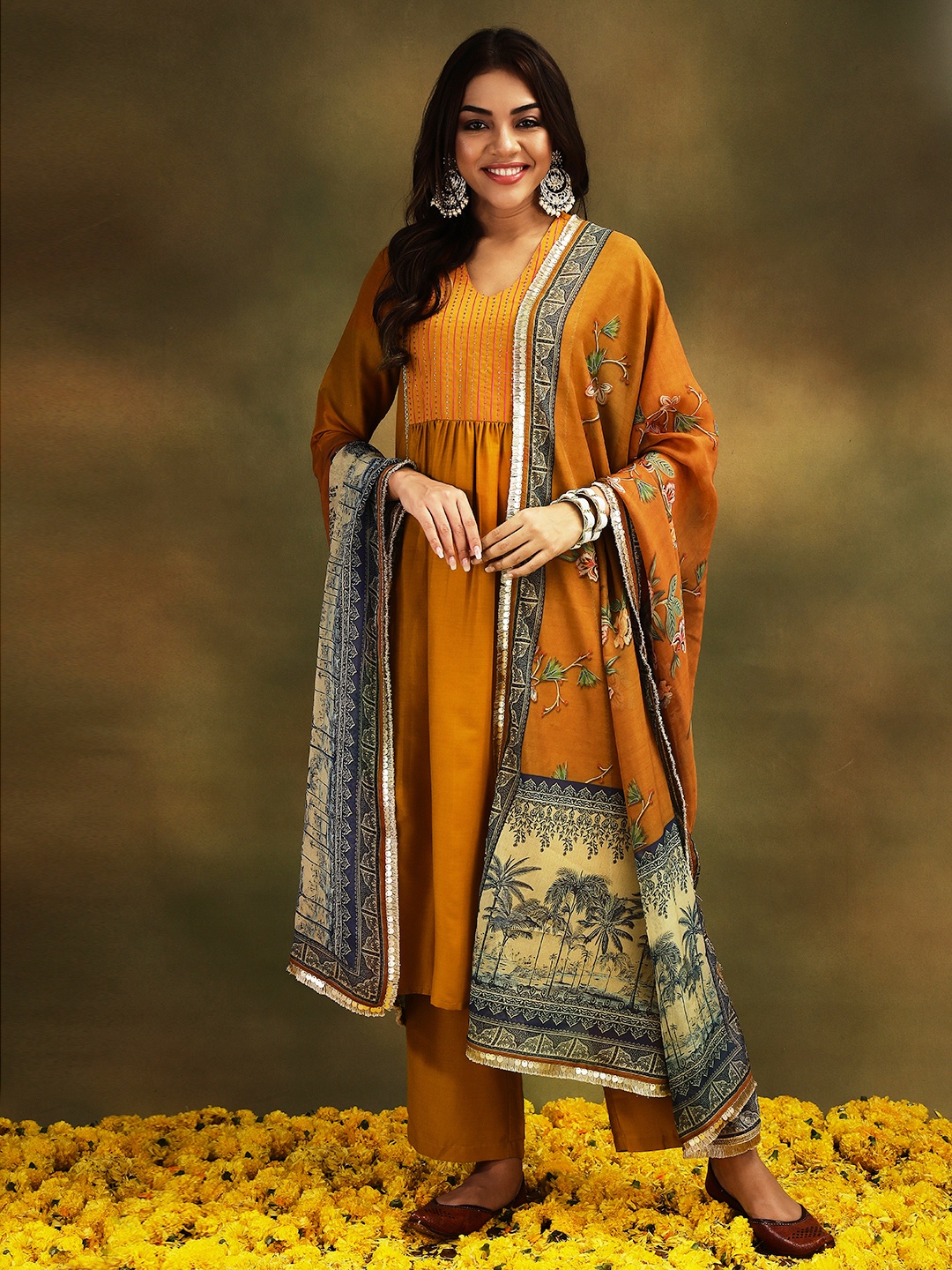 

Stylefables Striped Yoke Design Pleated V-Neck Sequinned Kurta With Palazzos And Dupatta, Yellow