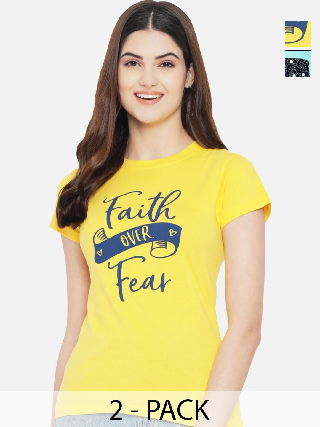 

Dreambe Women Pack Of 2 Typography Printed Round Neck Cotton T-shirts, Yellow