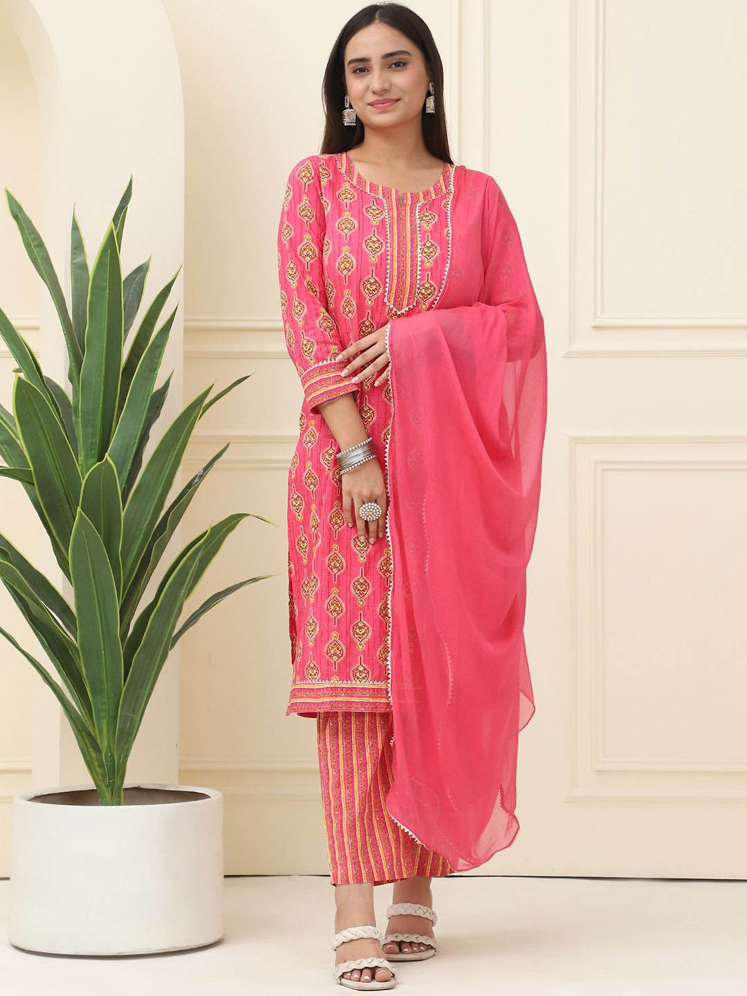 

BAESD Floral Printed Gotta Patti Pure Cotton Straight Kurta With Trousers And Dupatta, Pink