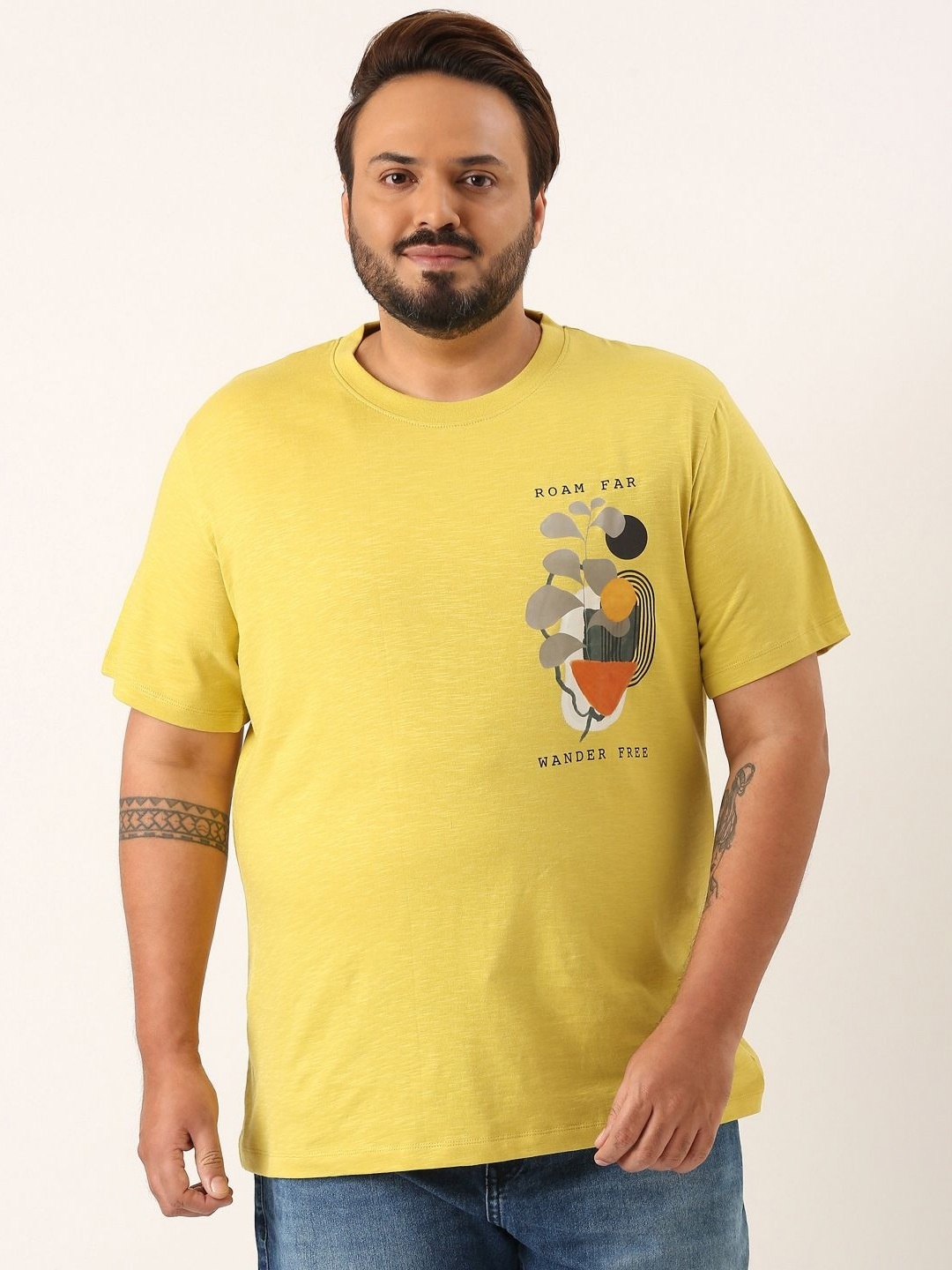 

MARCA Bold Men Plus Size Graphic Printed Round Neck Cotton T-shirt, Yellow