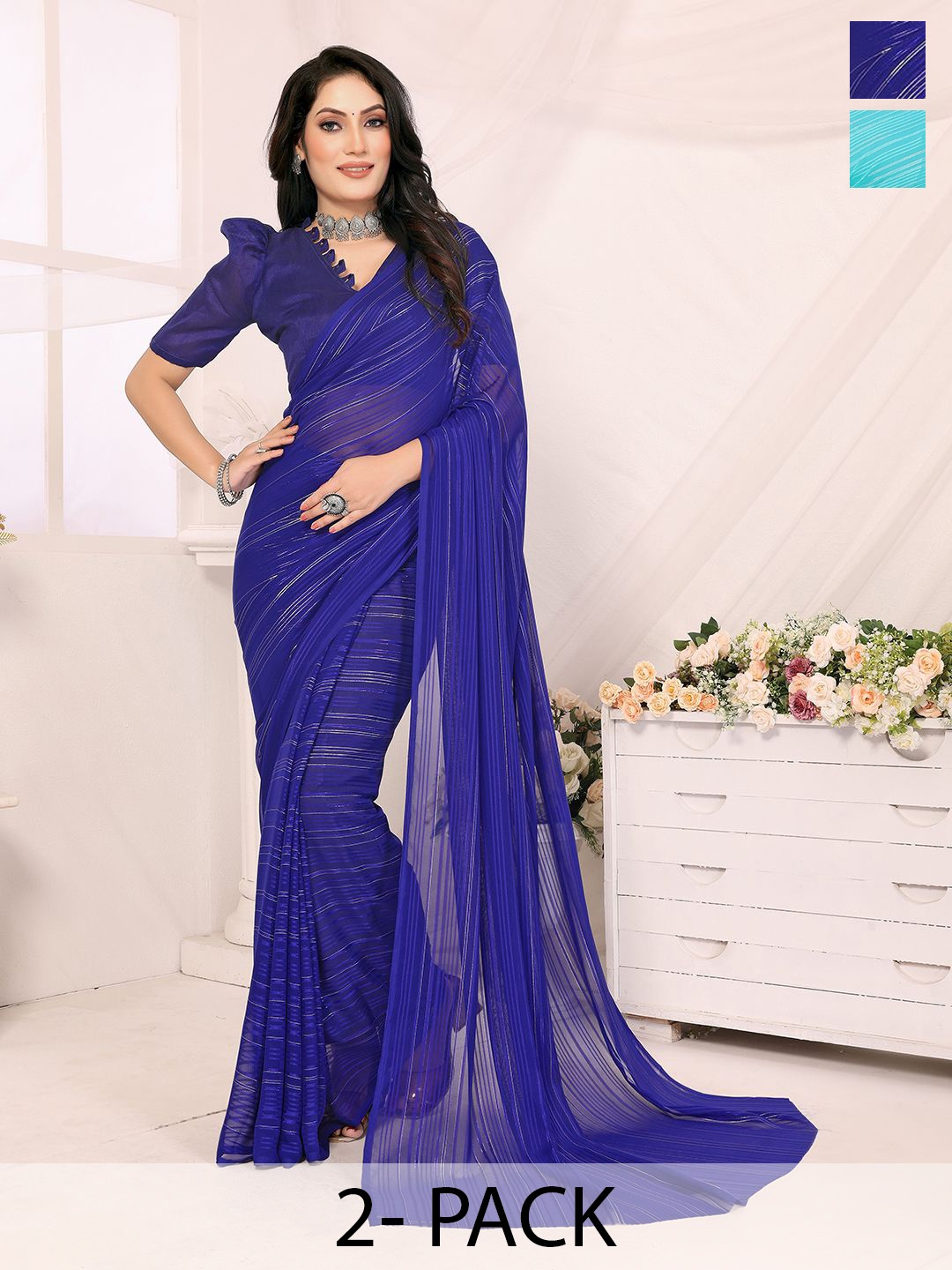 

Moda Rapido Set of 2 Striped Satin Sarees, Blue