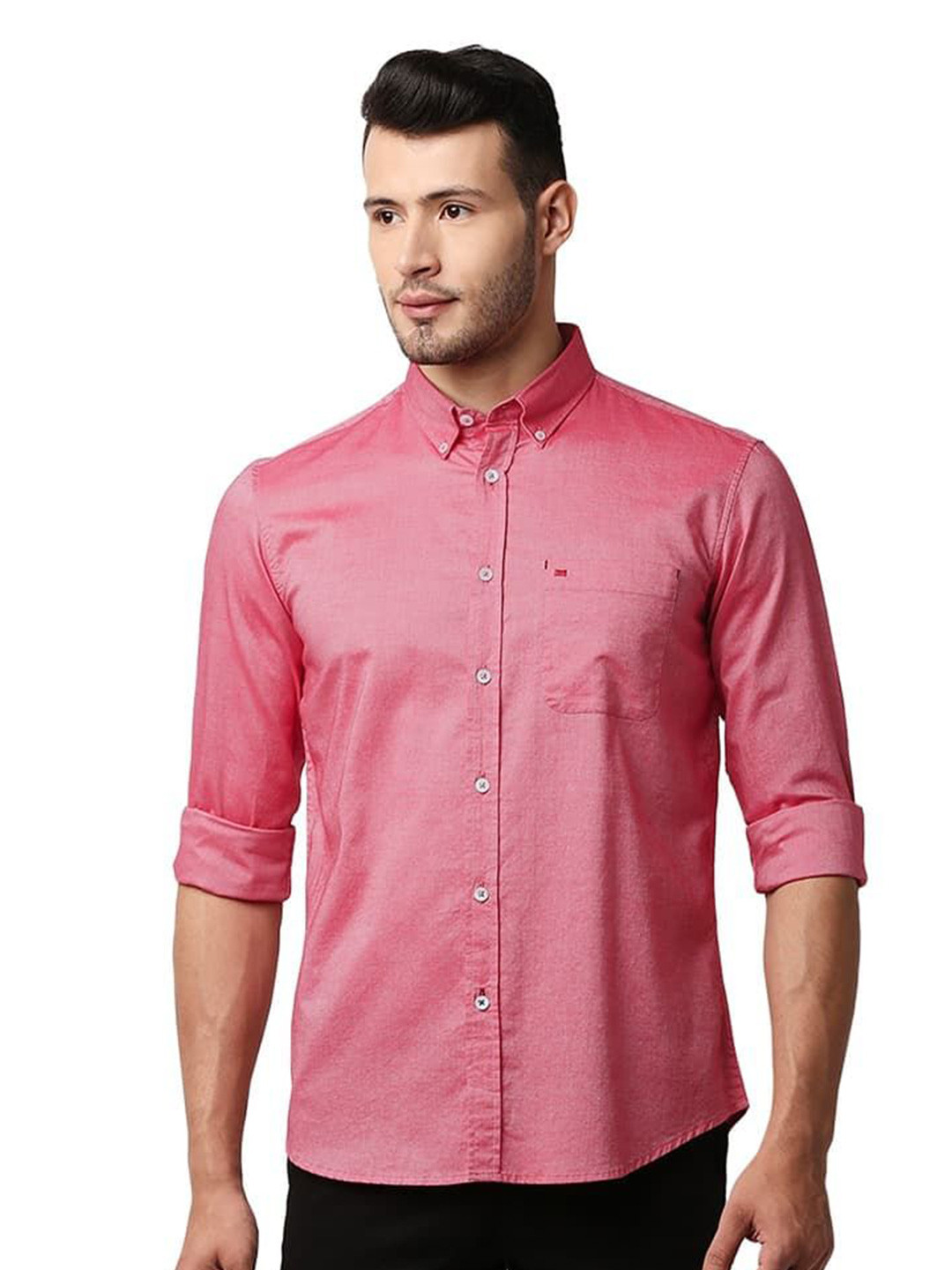 

Basics Men Relaxed Fit Button-Down Collar Solid Cotton Casual Shirt, Pink