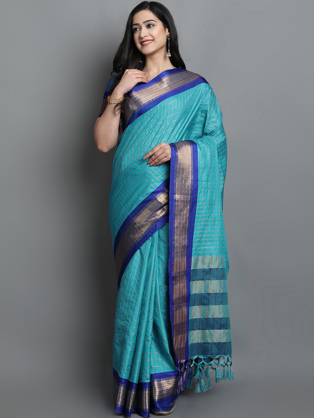 

DIVASTRI Woven Design Zari Dharmavaram Saree, Turquoise blue