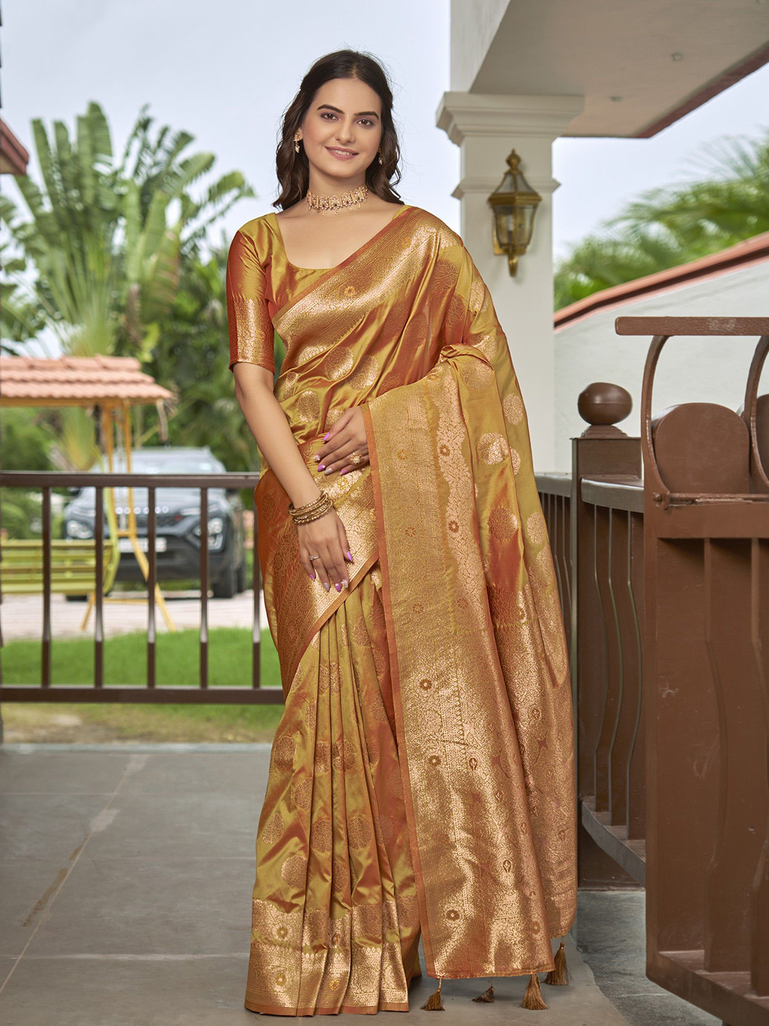 

SAREETHNIC Woven Design Zari Pure Silk Banarasi Saree, Copper
