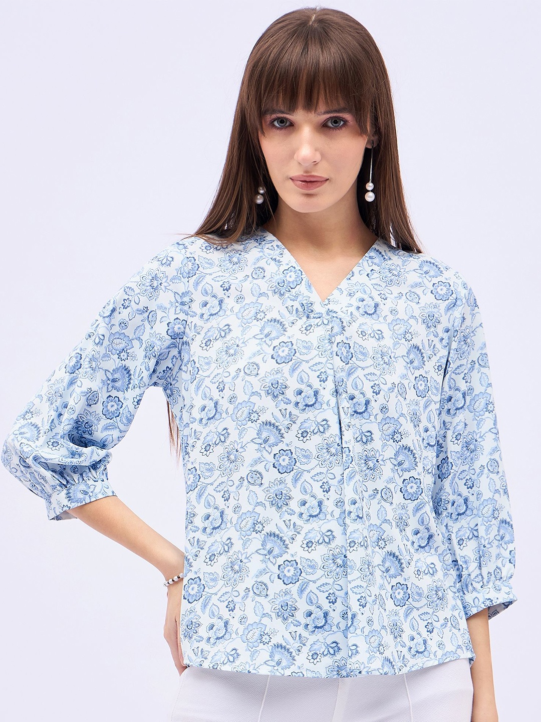 

DressBerry Women Floral Printed V-Neck Satin Top, Blue