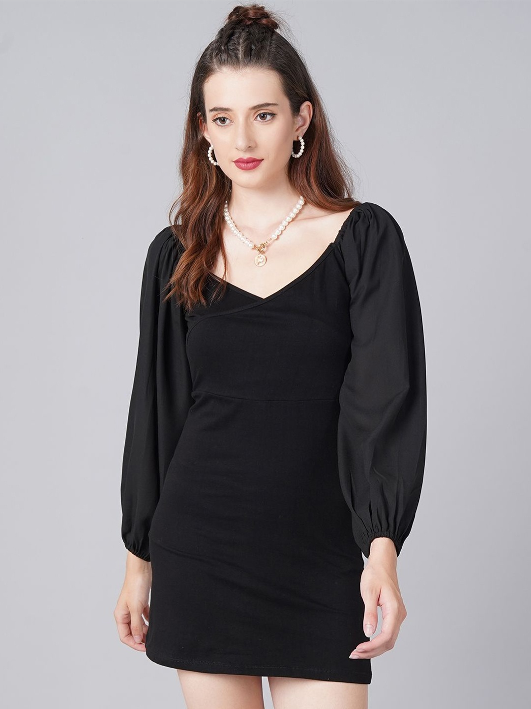 

Moda Rapido Women Puff Sleeves Cotton Sheath Mini Dress, Black