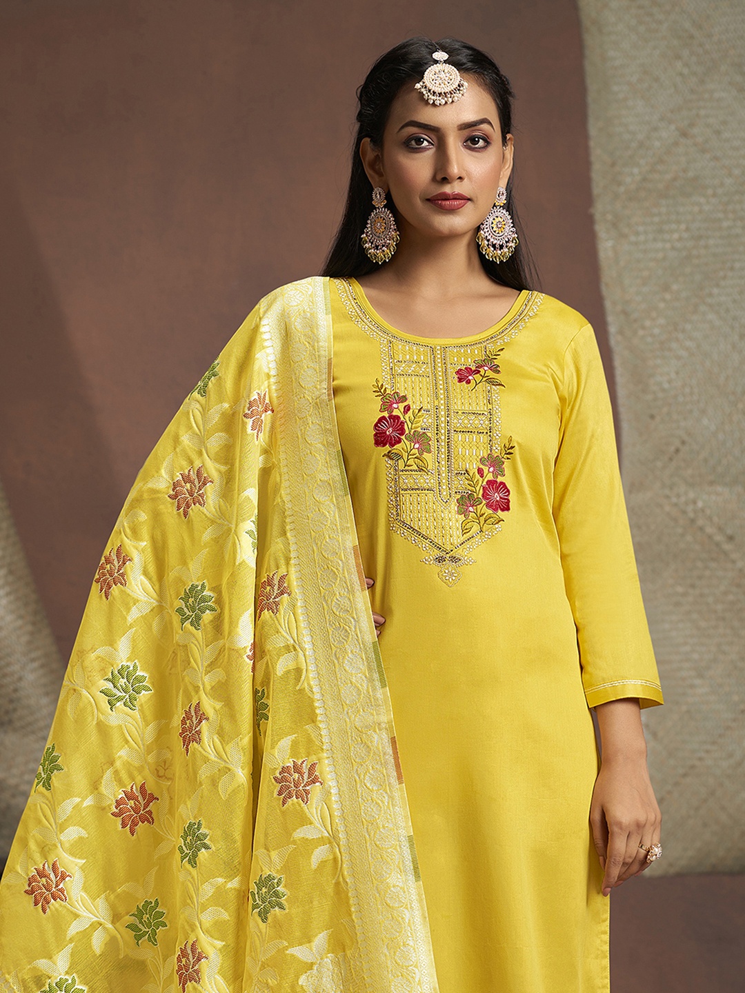 

Anouk Yellow Floral Embroidered Unstitched Dress Material