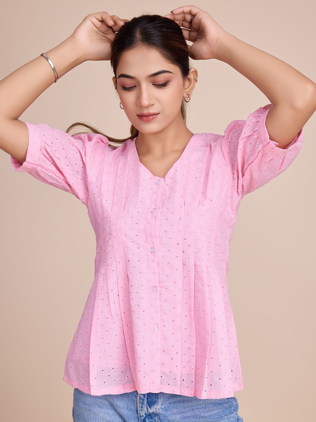 

HOUSE OF MIRA Self Design Schiffli Round Neck Puff Sleeve Cotton Top, Pink