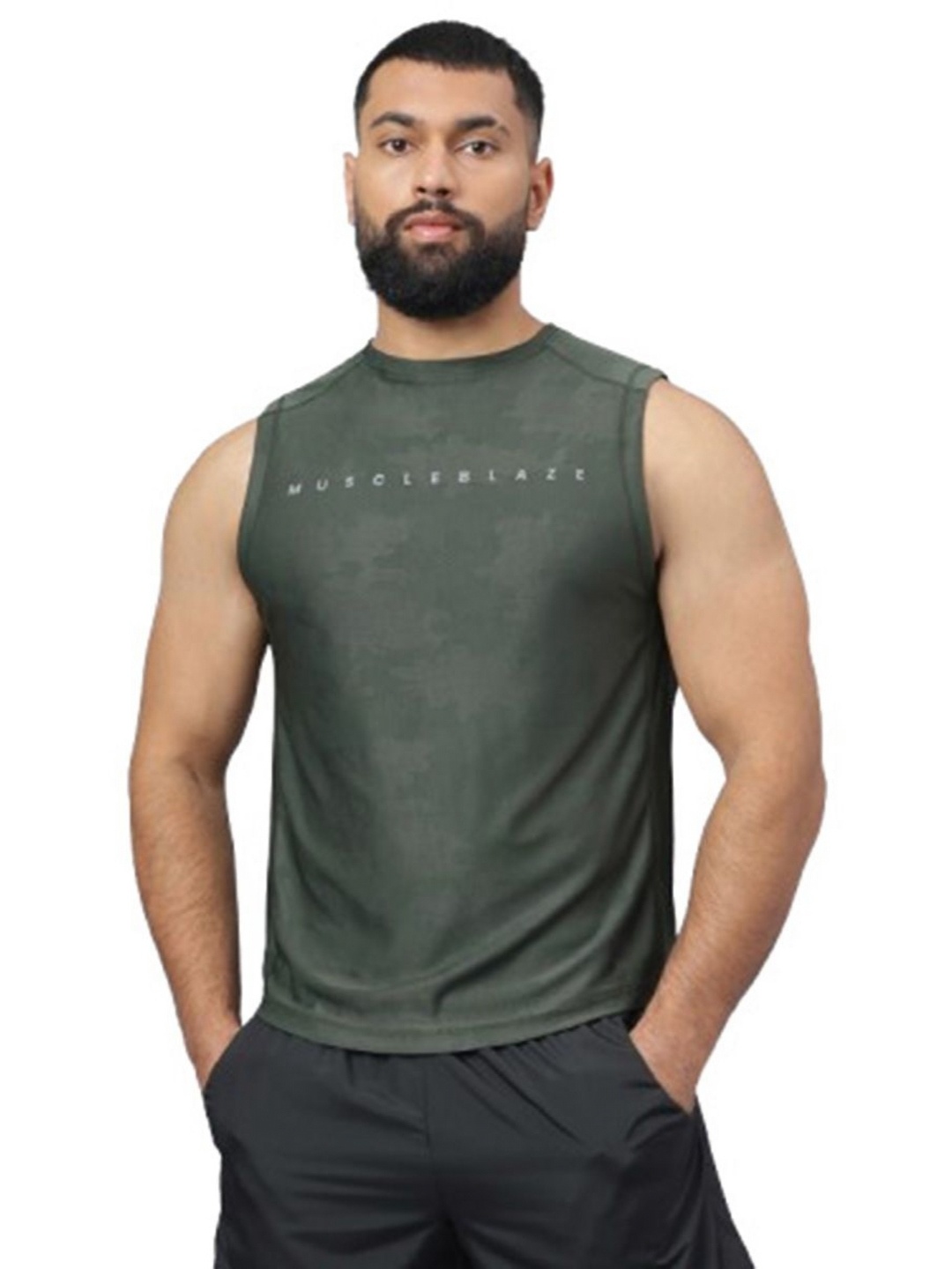 

MuscleBlaze Unisex Brand Logo Printed Round Neck Compression T-shirt, Olive