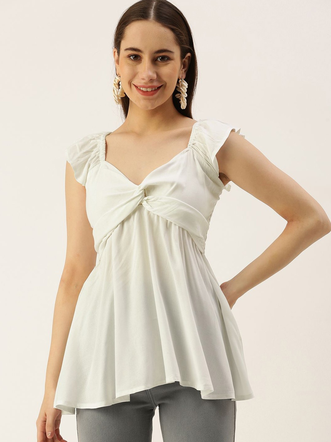 

VYMO Twisted Sweetheart Neck Sleeveless A-Line Top, White