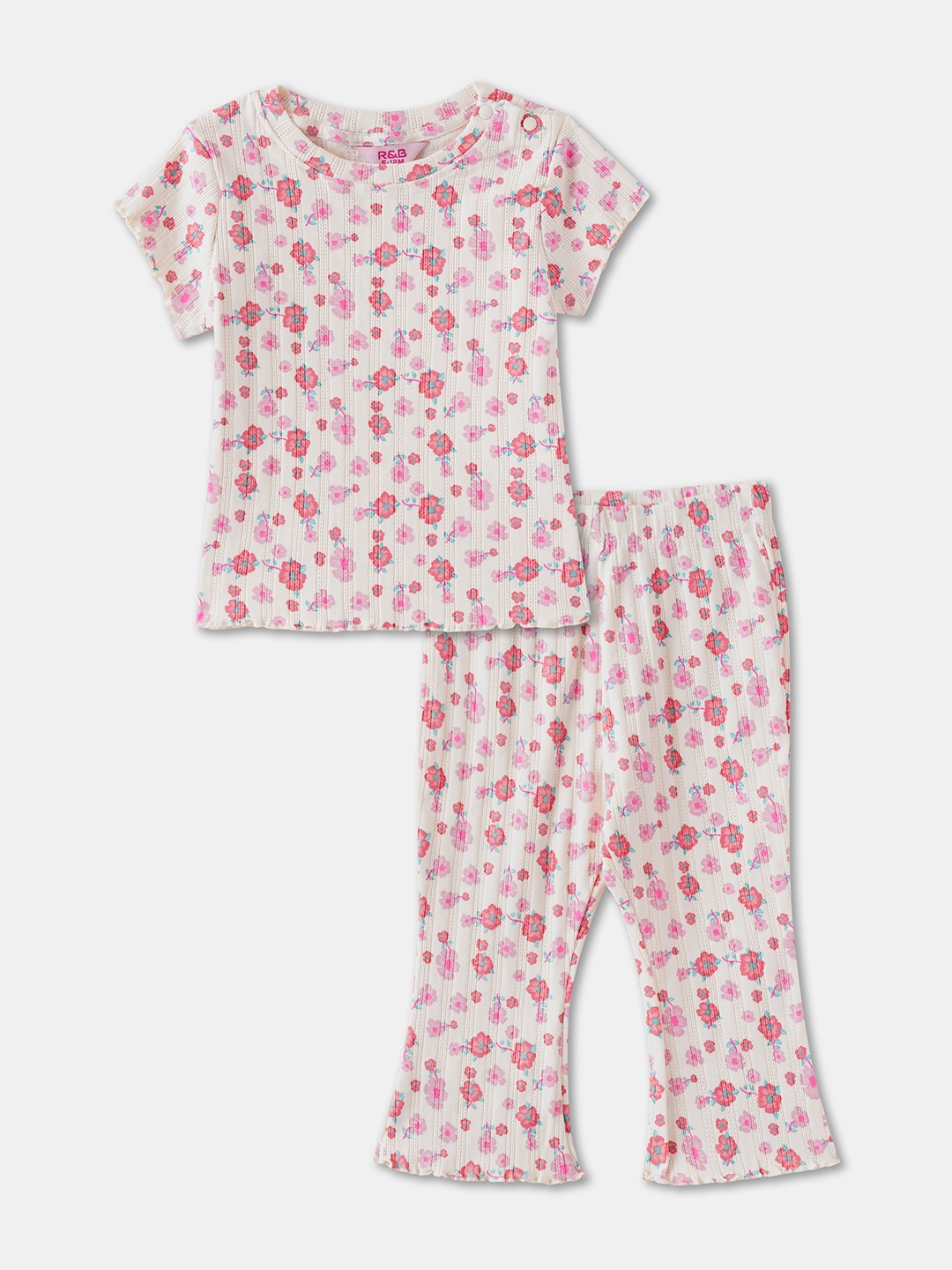 

R&B Girls Floral Printed Round Neck Pure Cotton Top With Trousers, White