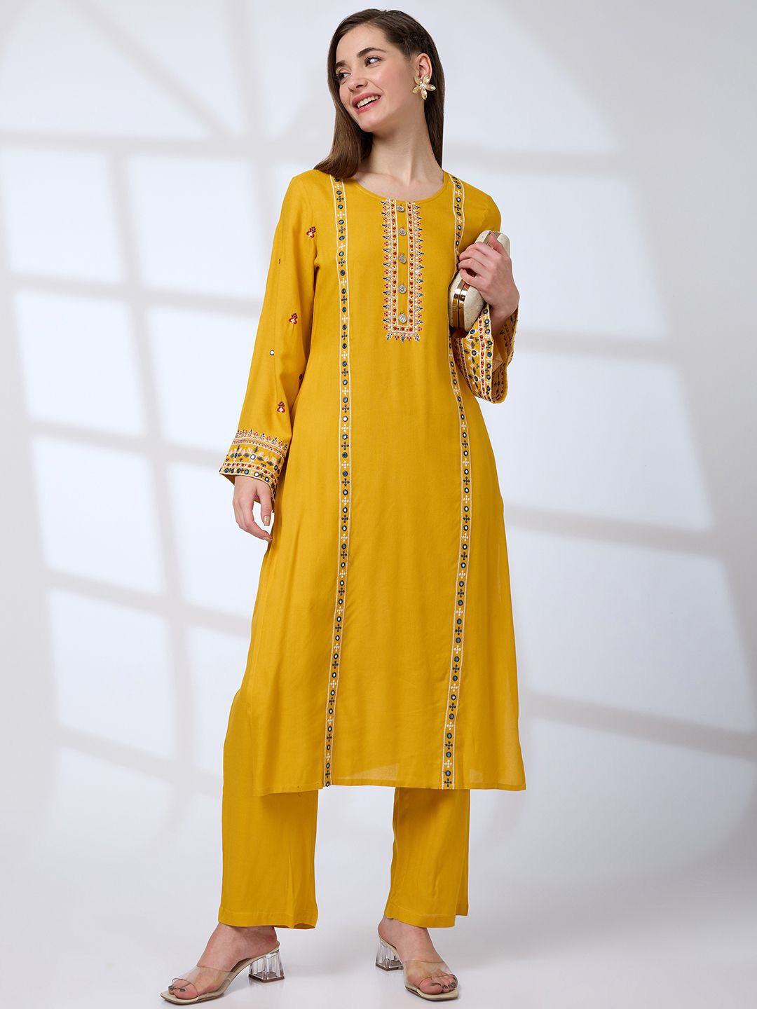 

Globus Round Neck Bell Sleeves Embroidered A-Line Kurta With Straight Pants Festive Set, Mustard