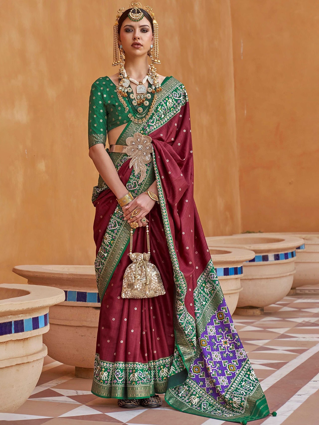 

DIVASTRI Kalamkari Zari Patola Saree, Maroon