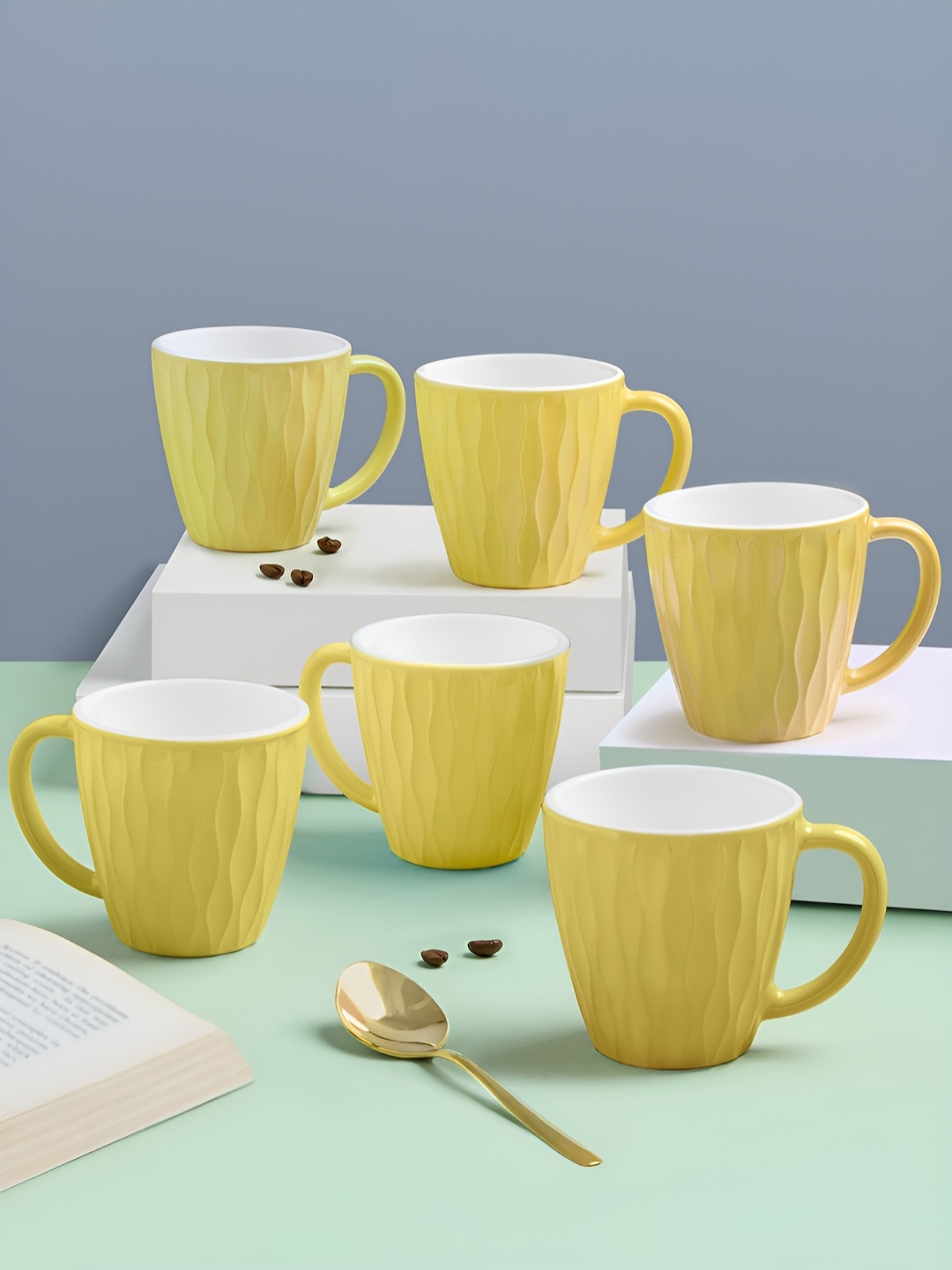 

Larah by BOROSIL Yellow And White 6 Pieces Textured Opalware Glossy Mugs