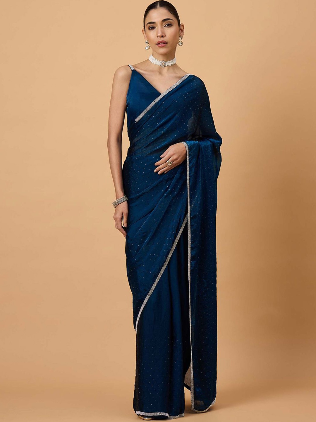 

all about you Embellished Beads and Stones Satin Saree, Blue