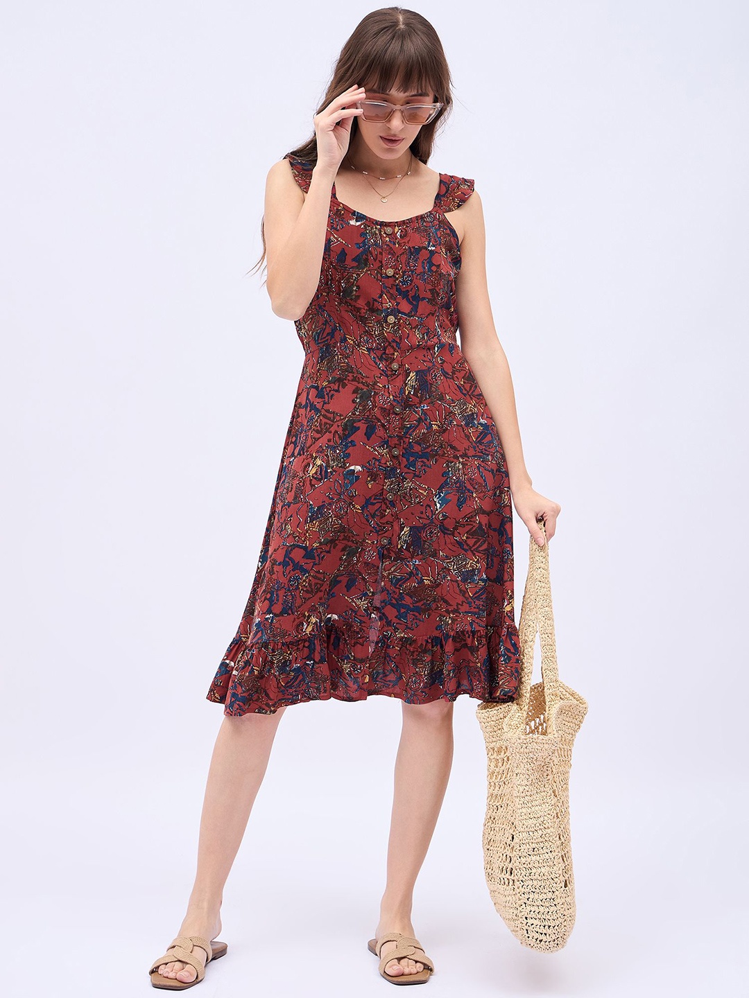 

all about you Abstract Print Cap Sleeves Shirt Midi Dress, Maroon
