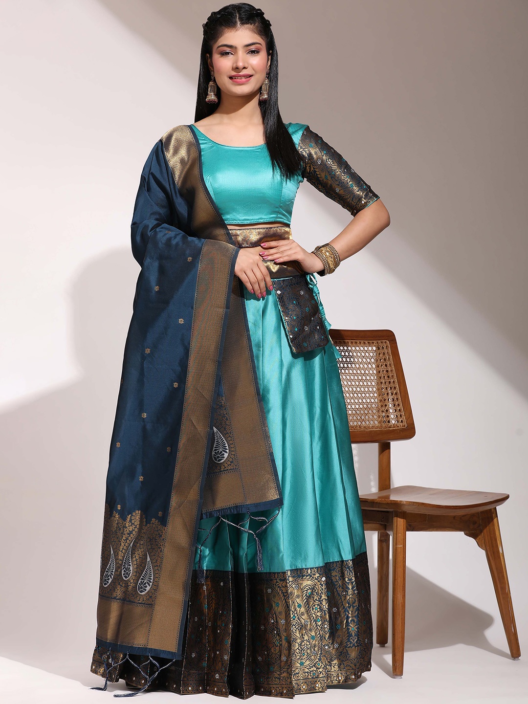 

DIVASTRI Floral Woven Design Zari Unstitched Blouse And Lehenga With Dupatta, Blue