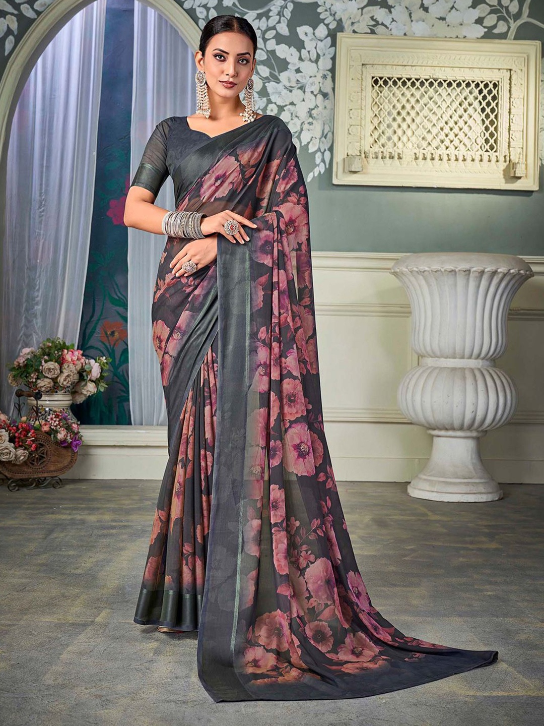 

Mitera Floral Zari Pure Chiffon Designer Muga Saree, Grey