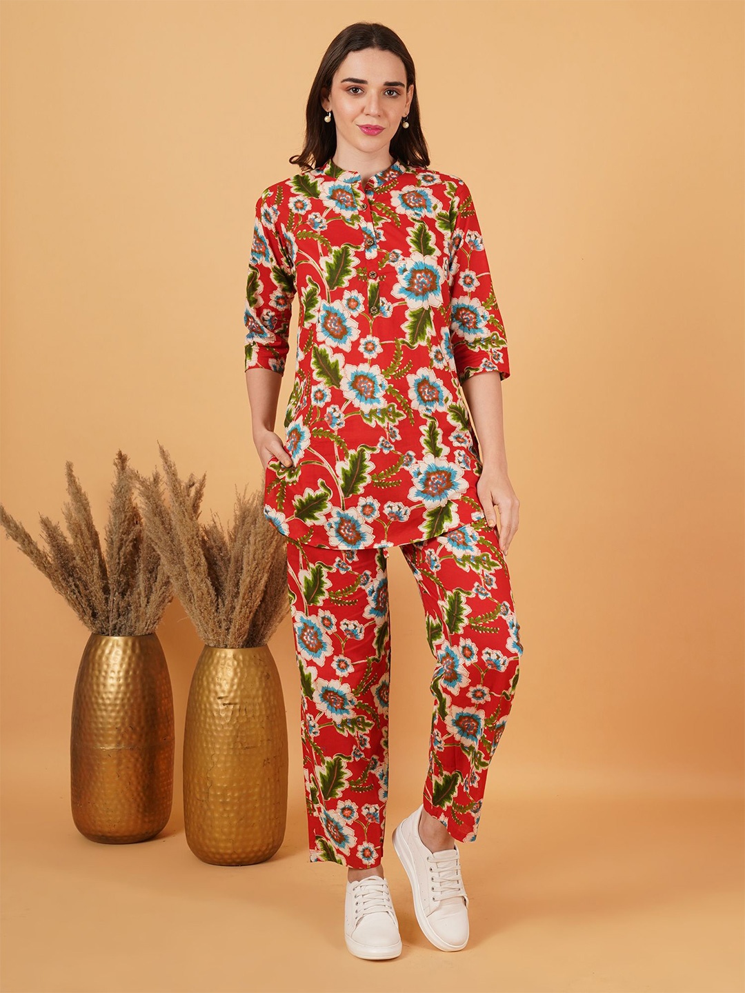 

FebQ Printed Mandarin Collar Tunic With Trousers, Red